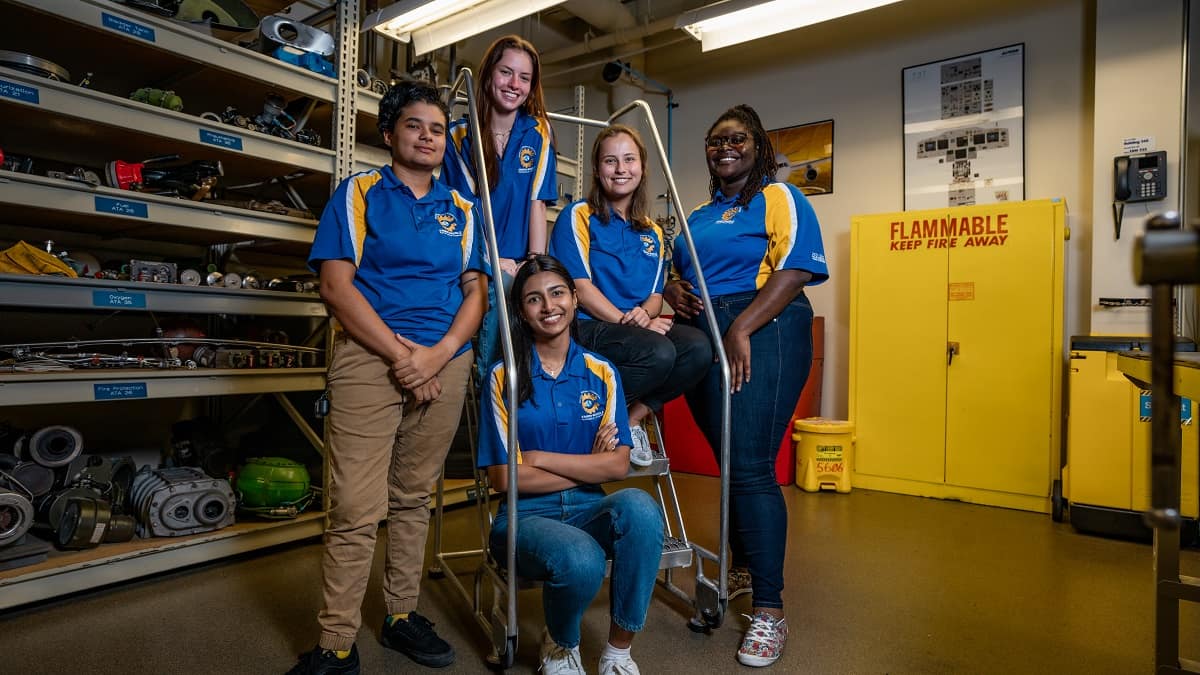 Aviation Maintenance Science students Hannah Daren, Tea Galon, Shelby Quillinan, Iram Rai and Vanessa Vowotor