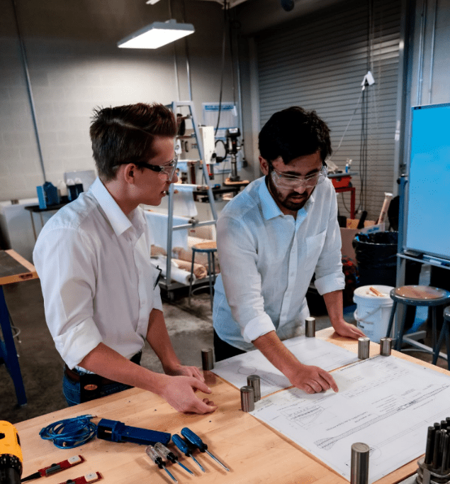 Aerospace Engineering/Astro-track students Cooper Eastwood (freshman) and Gaurav Nene (sophomore) work on their Suborbital Reusable Vehicle (SRV) research project in a lab at Embry-Riddle’s Prescott Campus. (Photo: Gaurav Nene)