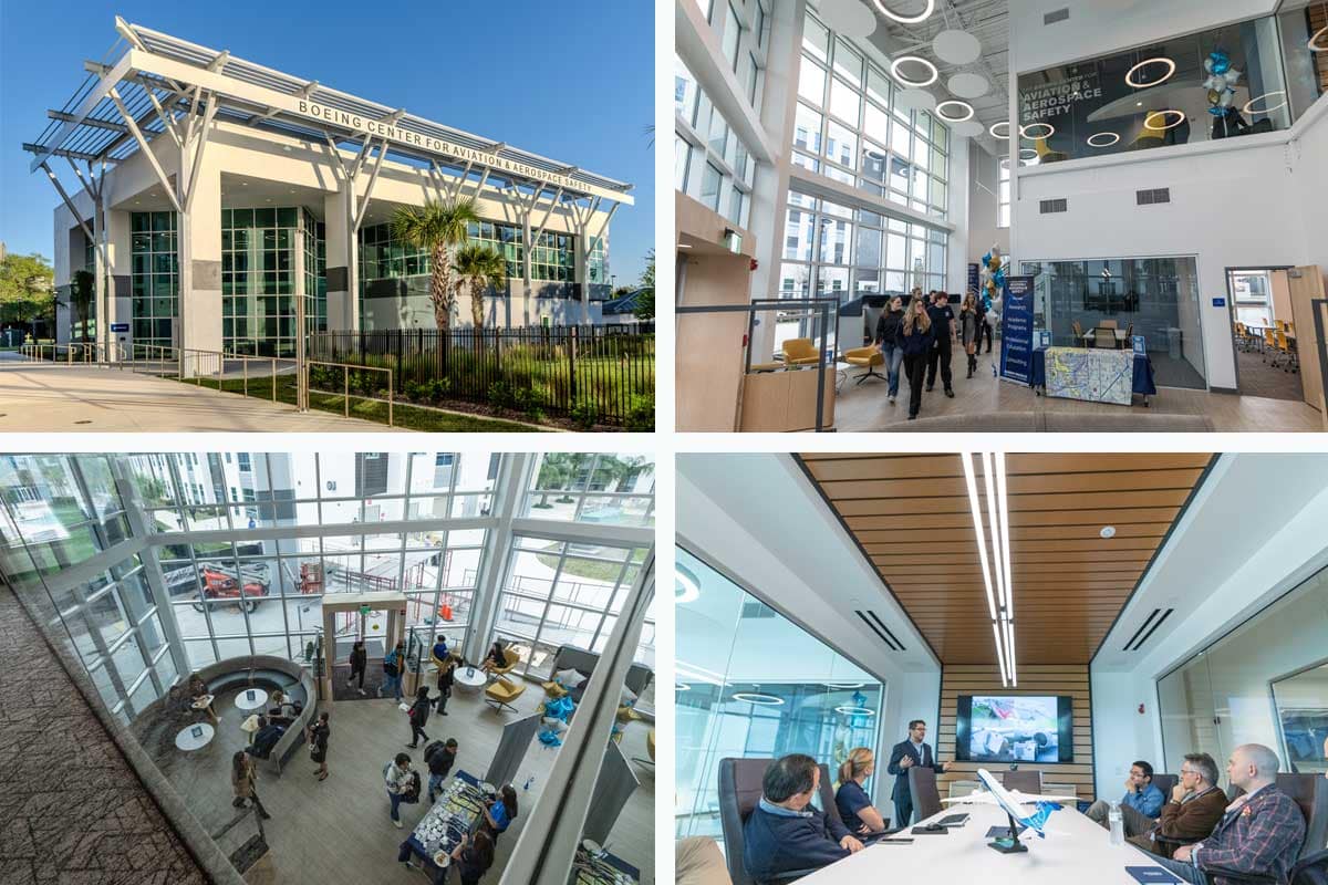 Collage of Boeing Center includes four panels with building and interior shots of students walking around various rooms