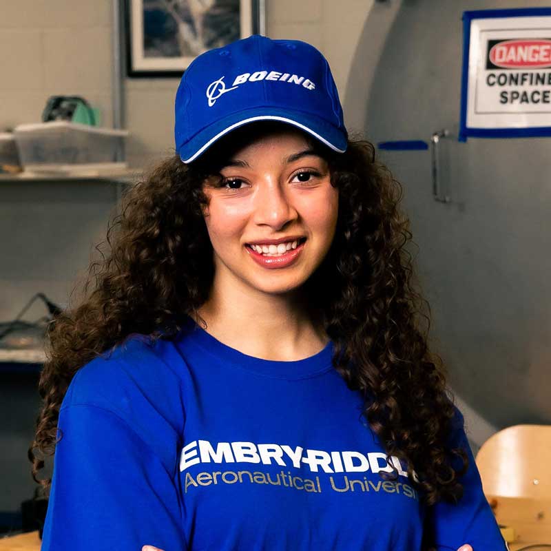 Kaija Martin in Boeing hat and ERAU T-shirt