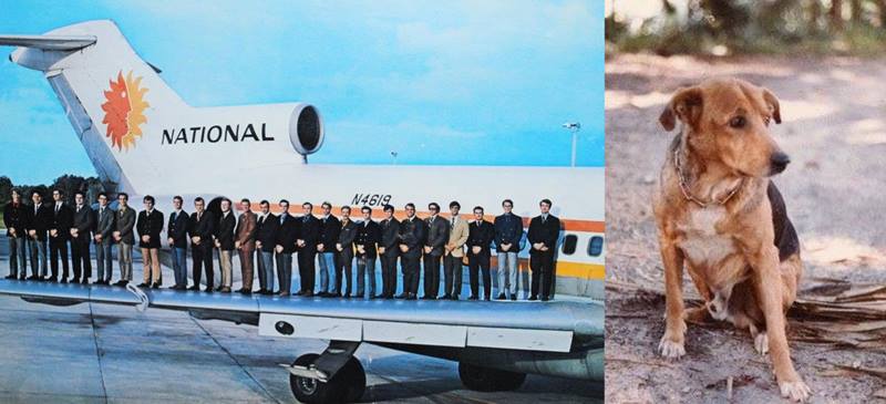 Sigma Chi Alumni stand in front of commercial jet and at right a close up of Fred J. Ford the dog