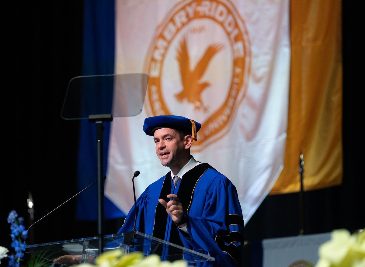 Astronaut and alumnus Jared Isaacman gives the keynote address at Embry-Riddle’s Fall 2024 undergraduate commencement ceremony