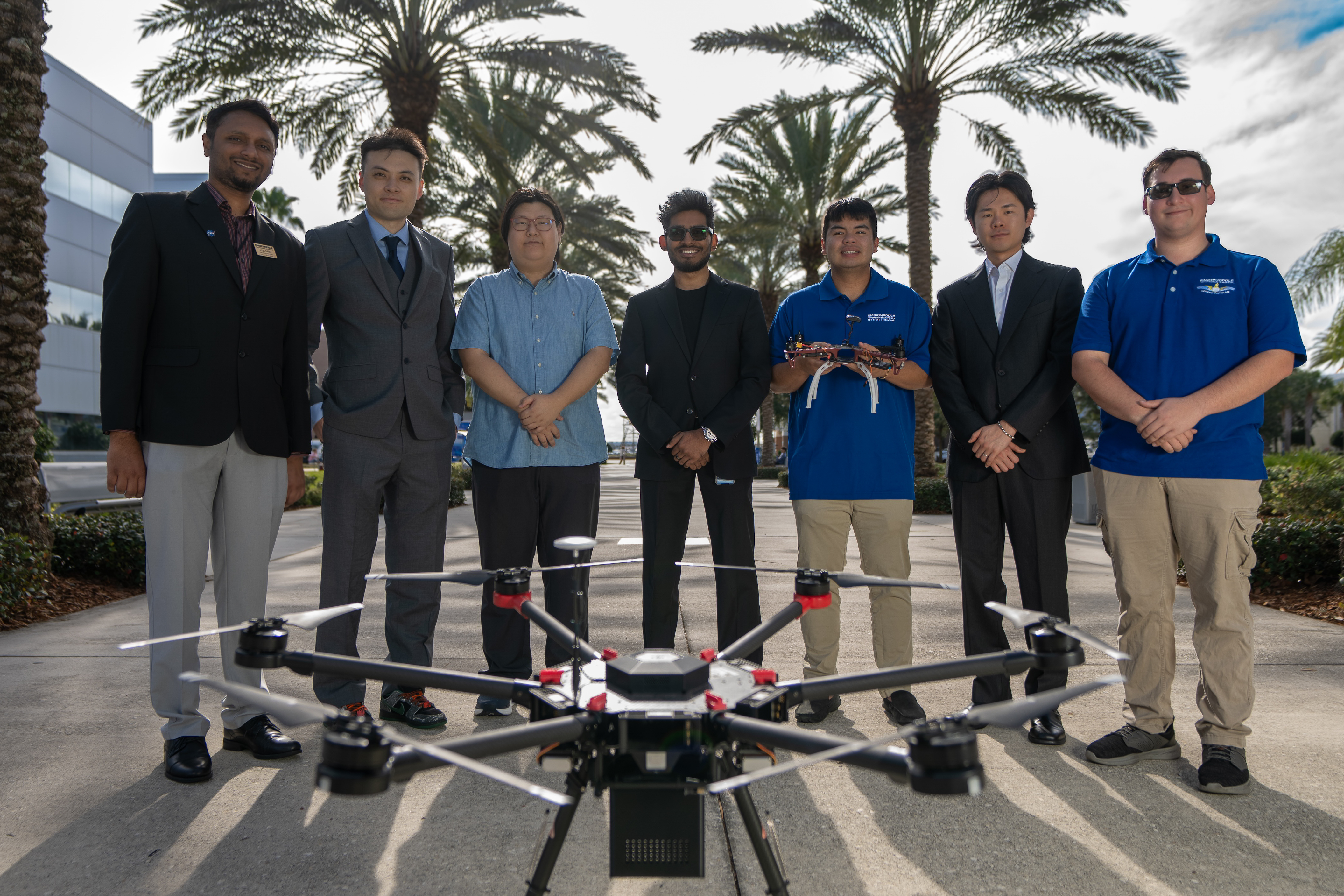 Three Embry-Riddle teams developed award-winning airport solutions for a national FAA-sponsored competition. The teams included (from left) Joel Samu, Dr. Chuyang Yang, Chin Yong ”Alex” Chung, Arjun Nambiar, Isaiah Vahos, Juin Park and James Deal. (Photo: Embry-Riddle/David Massey)