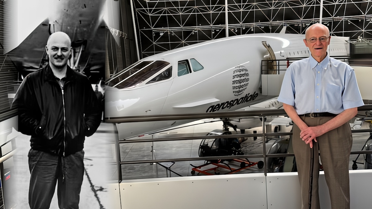 Concorde Pilot Jean Pinet pictured early in his career in front of the aircraft (left) and more recently (right).